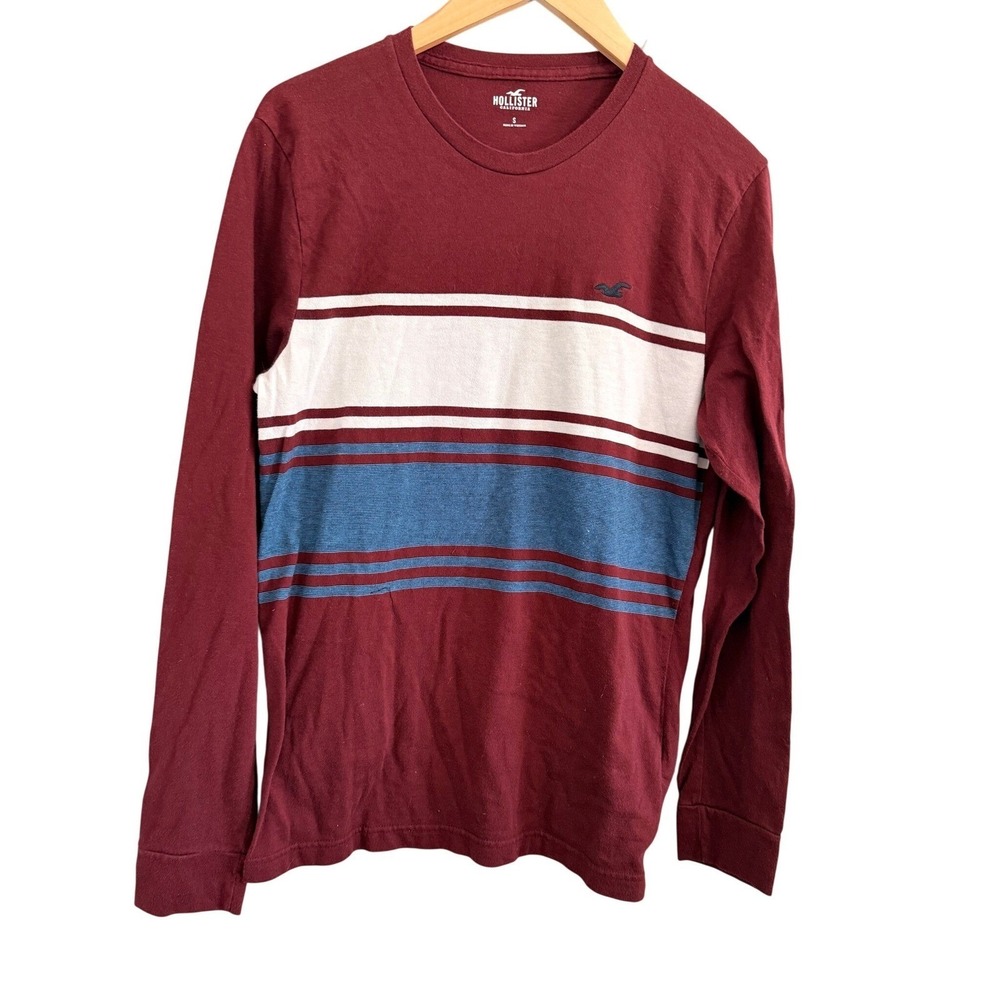 Hollister Long Sleeve Tee Mens Small‎ Burgundy Striped Crew Neck Logo Shirt